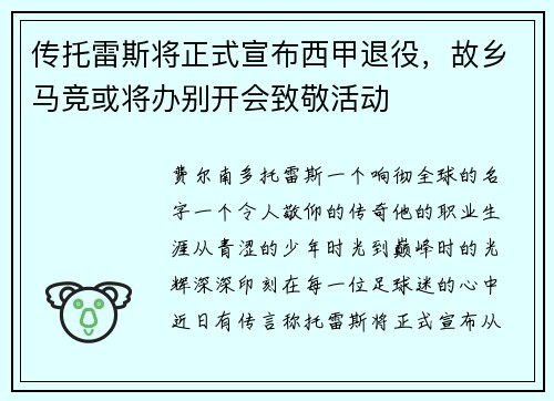 传托雷斯将正式宣布西甲退役，故乡马竞或将办别开会致敬活动